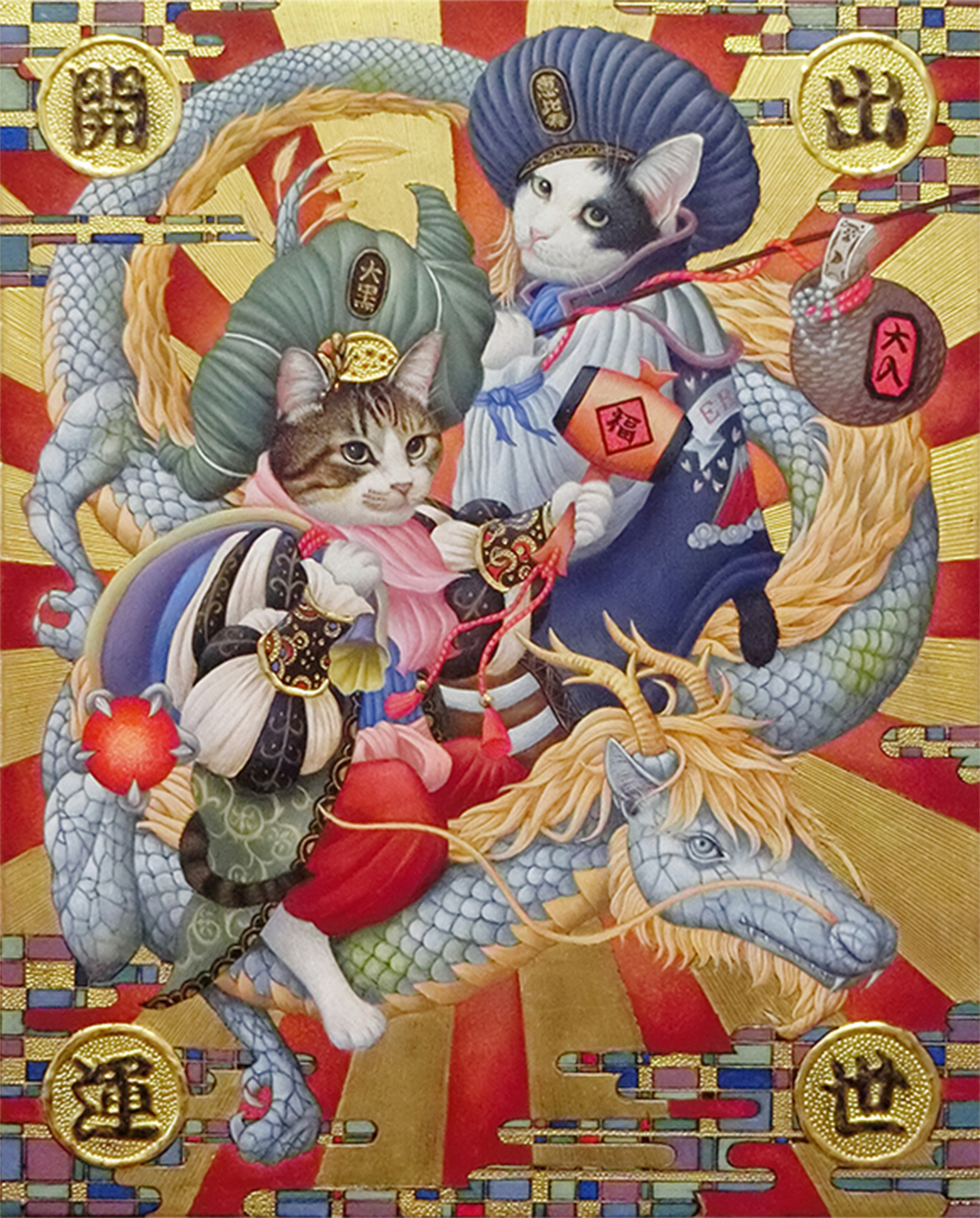 「招福猫大黒恵比寿騎龍図」