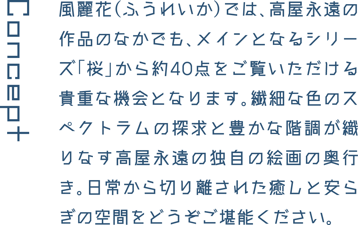 Concept 風麗花（ふうれいか）では、高屋永遠の作品のなかでも、メインとなるシリーズ「桜」から約40点をご覧いただける貴重な機会となります。繊細な色のスペクトラムの探求と豊かな階調が織りなす高屋永遠の独自の絵画の奥行き。日常から切り離された癒しと安らぎの空間をどうぞご堪能ください。